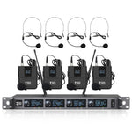 XTUGA 4-Channels UHF Wireless Microphone System With 4 Bodypack Headset and Lapel Mic Professional for Stage Church Family Party