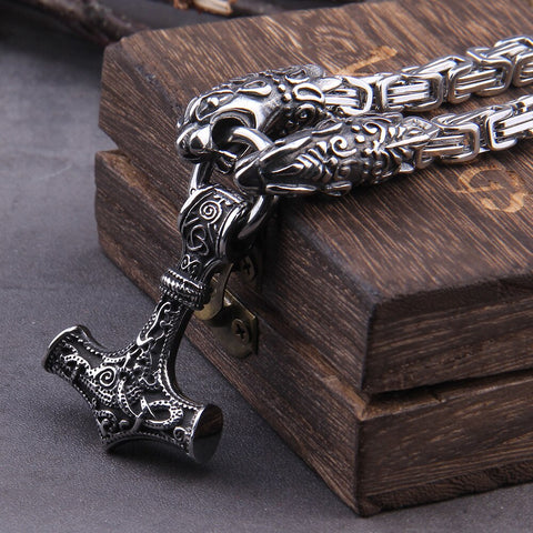 Stainless Steel Mjolnir with Square Chain Necklace Thor's hammer viking necklace  with wooden box as boyfriend gift